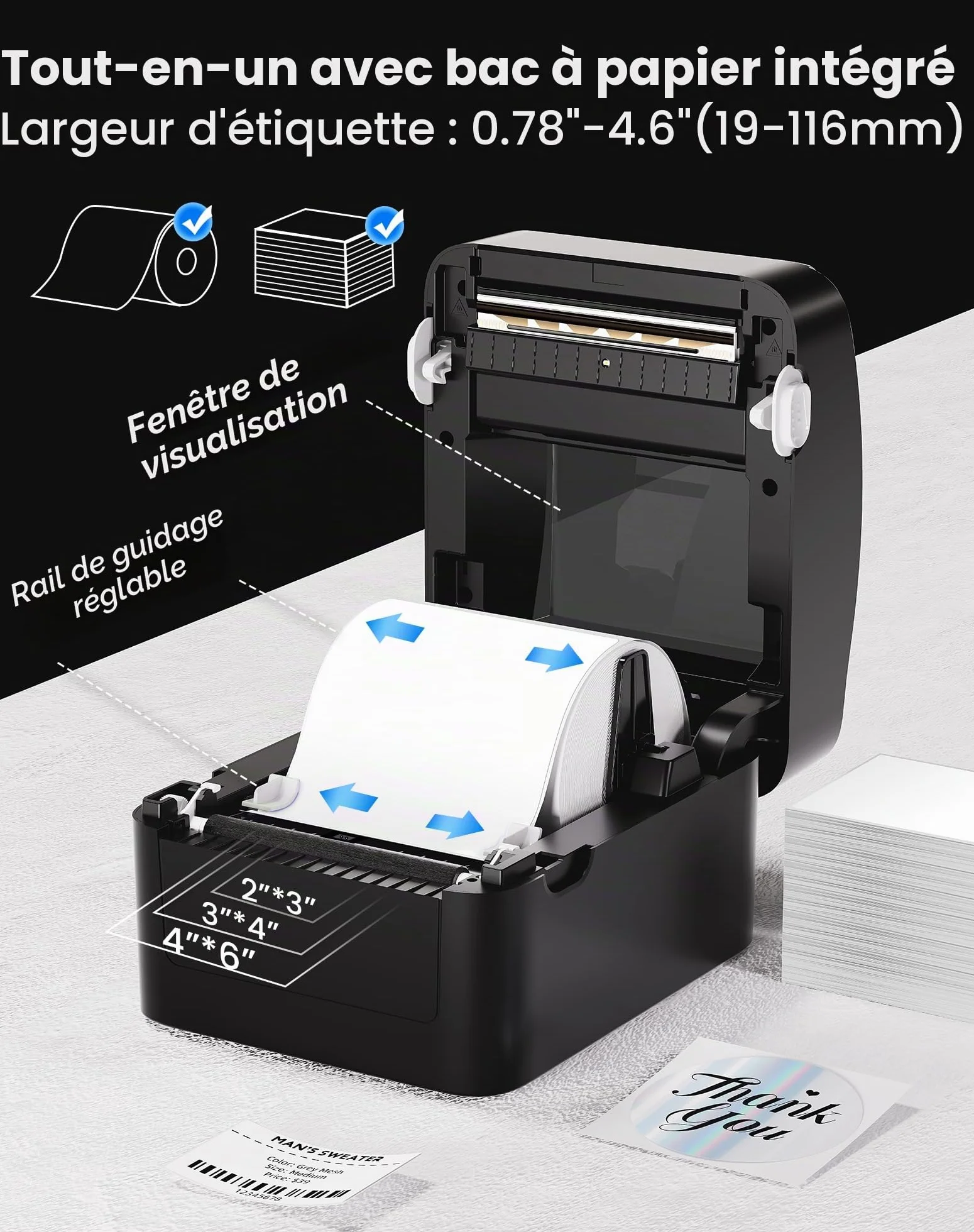 vretti Imprimante d'étiquettes Thermique 4x6, Code à Barres USB Haute Vitesse 152mm/s