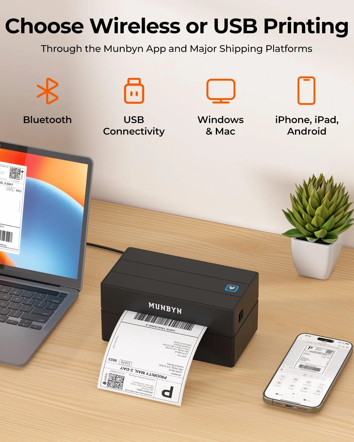 MUNBYN Imprimante Étiquettes Expédition Bluetooth, Thermique sans Fil 4x6, Compatible iPhone Android Mac Windows, Noir