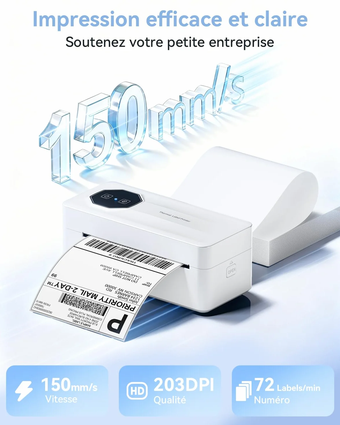 TATTMUSE Blanc Imprimante Thermique Bluetooth 4x6 Étiquette Expédition Compatible Vinted Cdiscount DHL