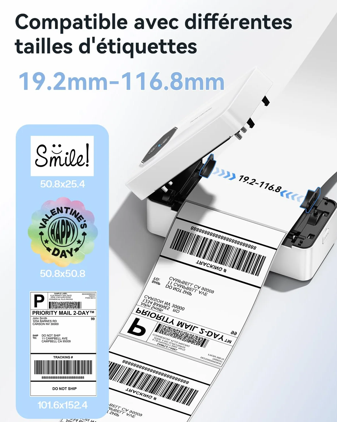 TATTMUSE Blanc Imprimante Thermique Bluetooth 4x6 Étiquette Expédition Compatible Vinted Cdiscount DHL