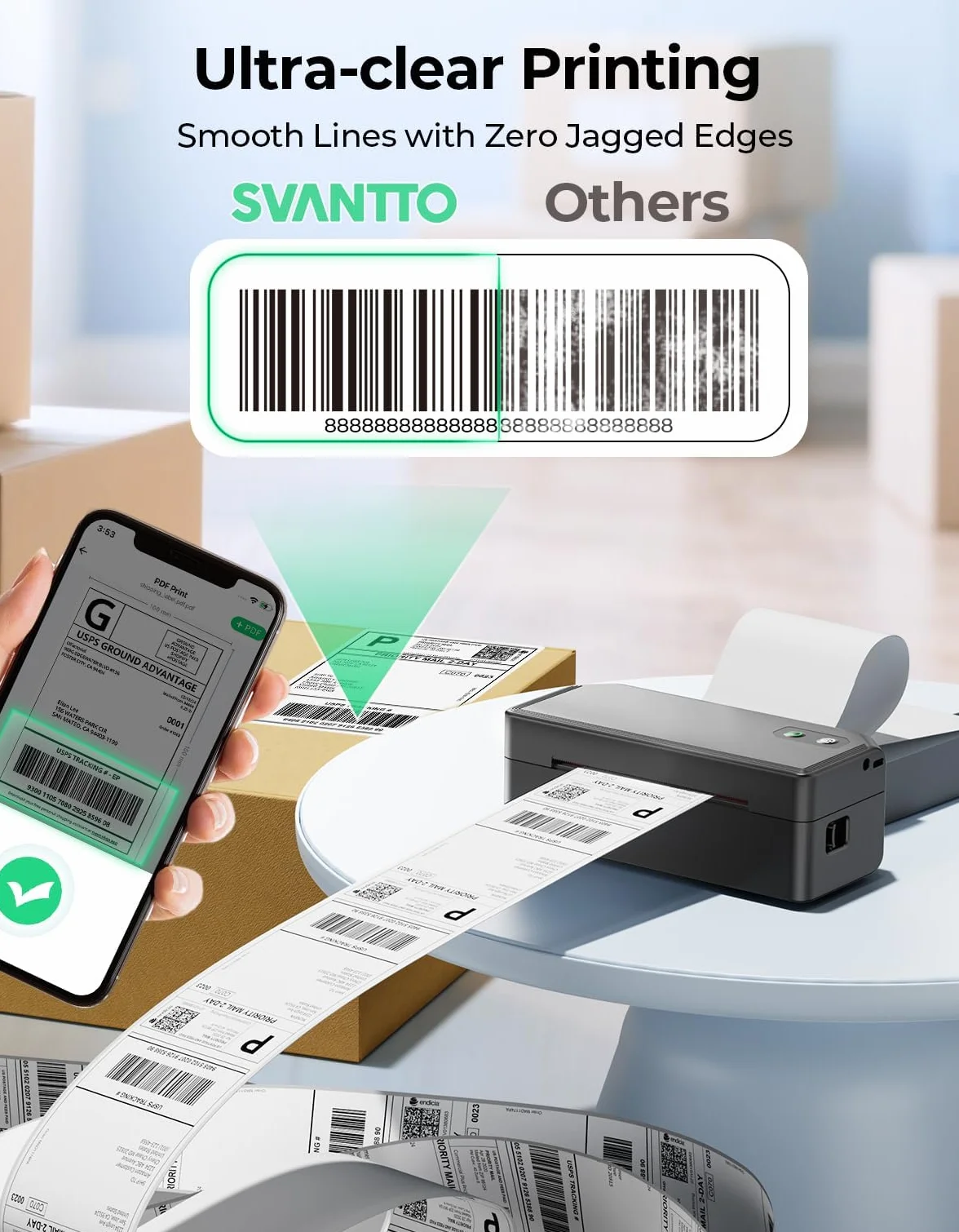 SVANTTO Imprimante d'Étiquettes Bluetooth 10x15 cm Compatible iOS Android macOS Win pour Vinted Etsy Shopify