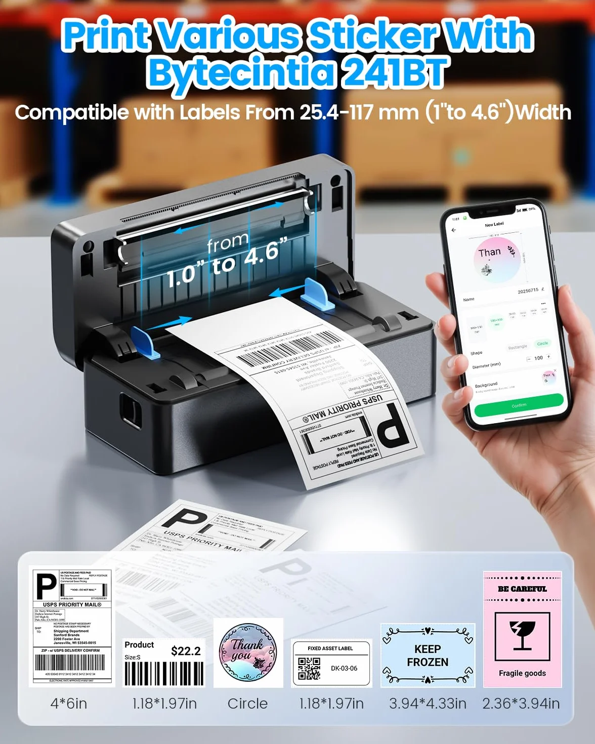Imprimante d'étiquettes d'expédition Bluetooth 4x6 pour colis et petites entreprises compatible eBay Amazon Etsy UPS Shopify