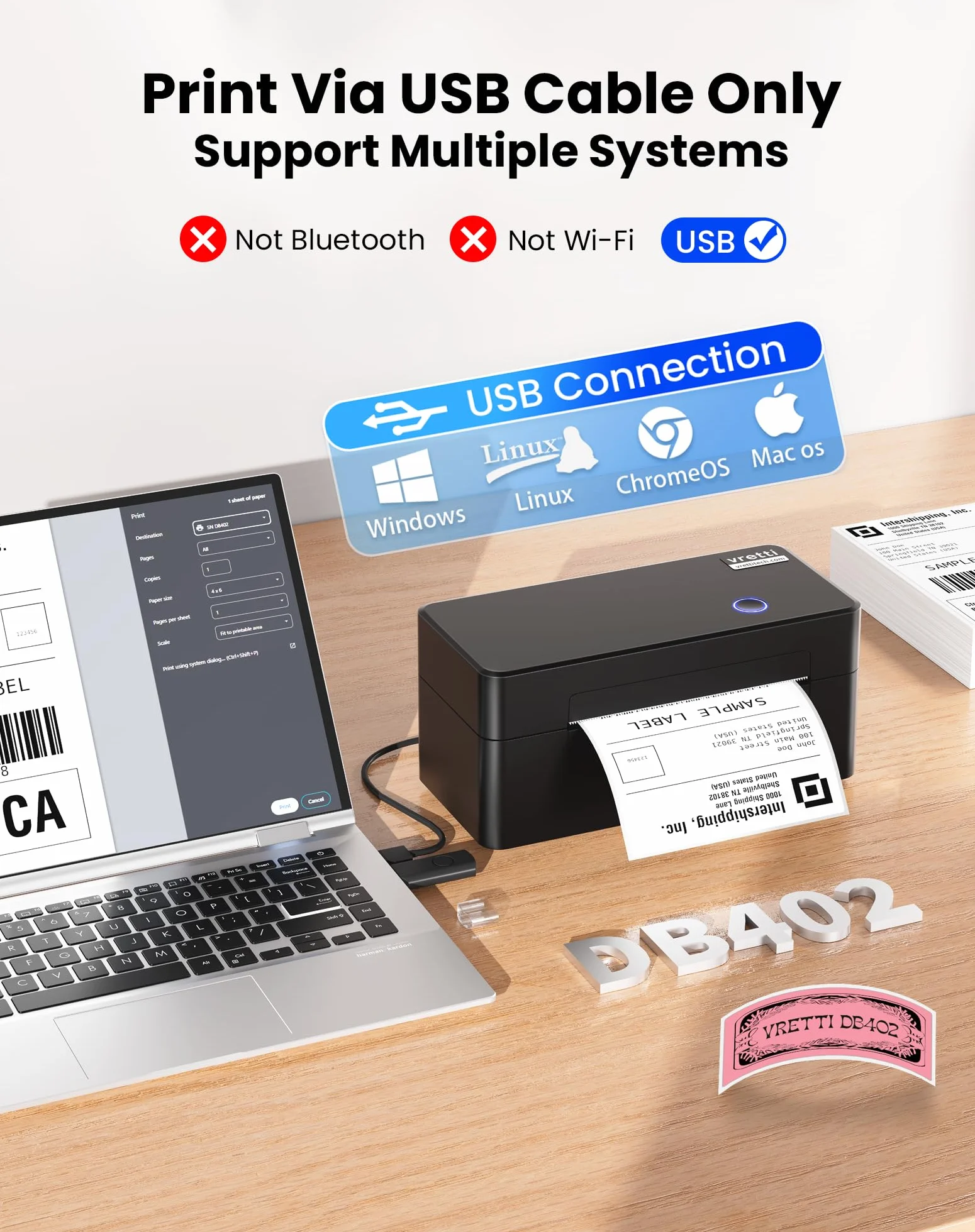 vretti DB402 Imprimante d'étiquettes USB Thermique 4x6, 152mm/s, Compatible Amazon Shopify DHL FedEx UPS