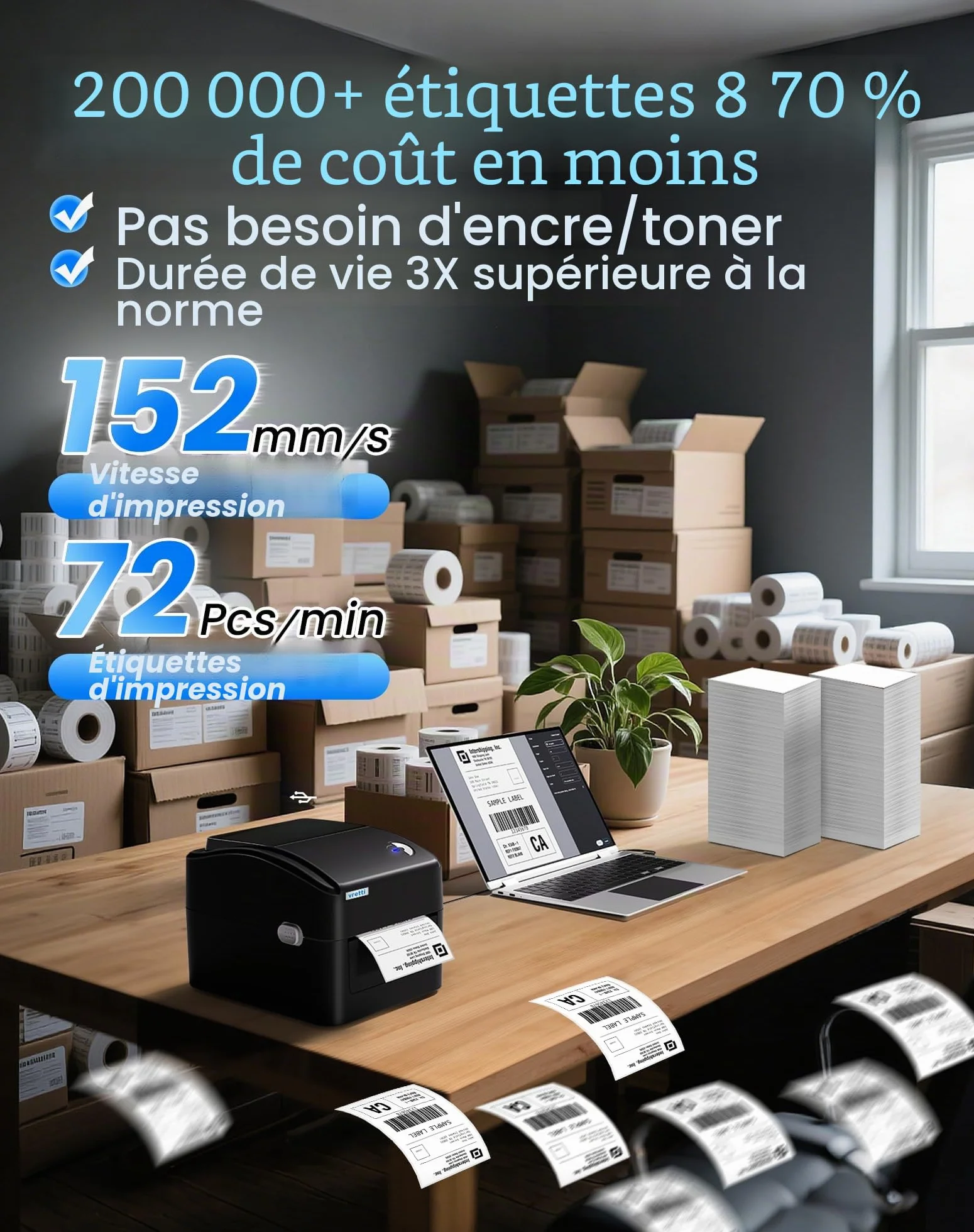 vretti Imprimante d'étiquettes Thermique 4x6, Code à Barres USB Haute Vitesse 152mm/s