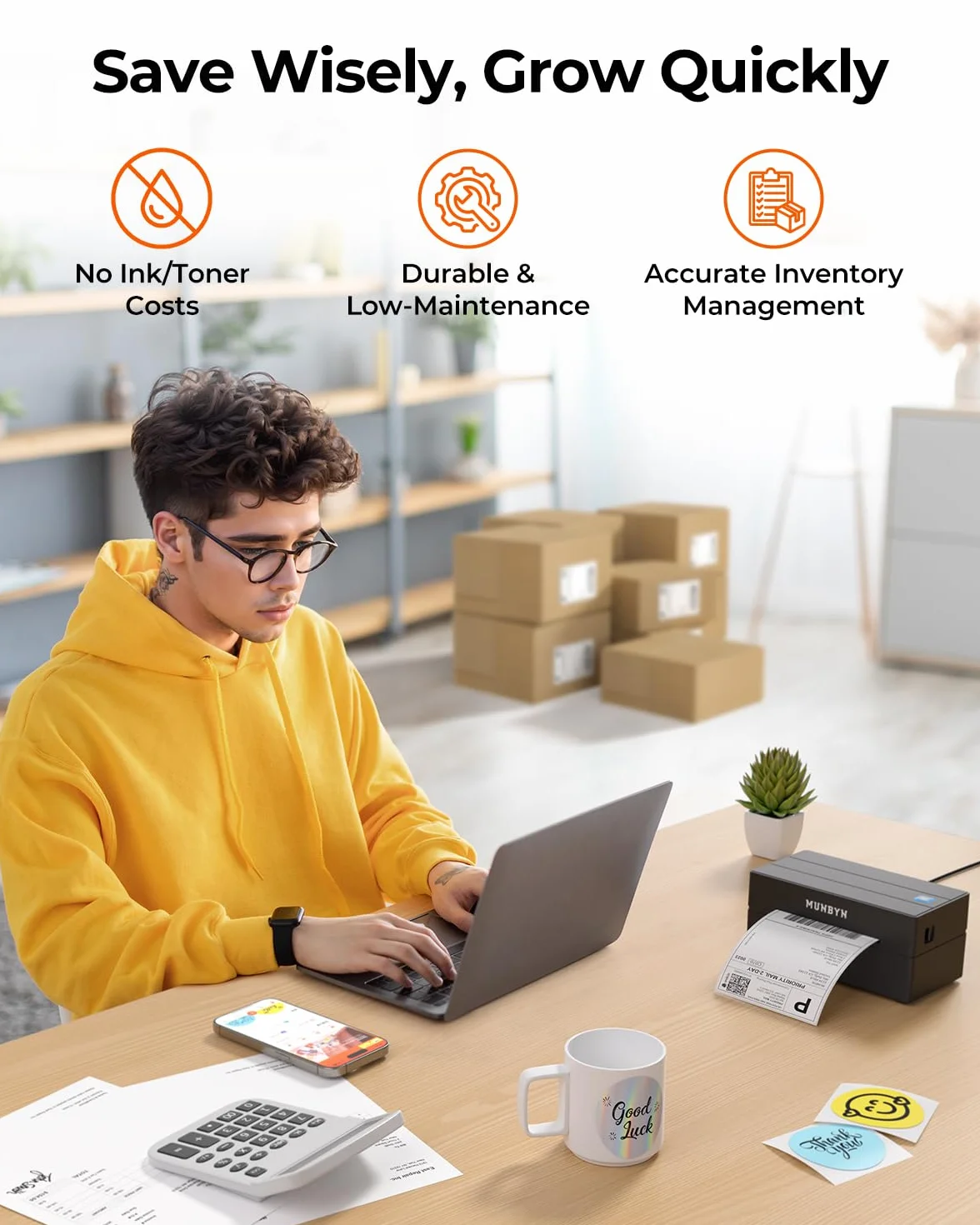 MUNBYN Imprimante Étiquettes Expédition Bluetooth, Thermique sans Fil 4x6, Compatible iPhone Android Mac Windows, Noir