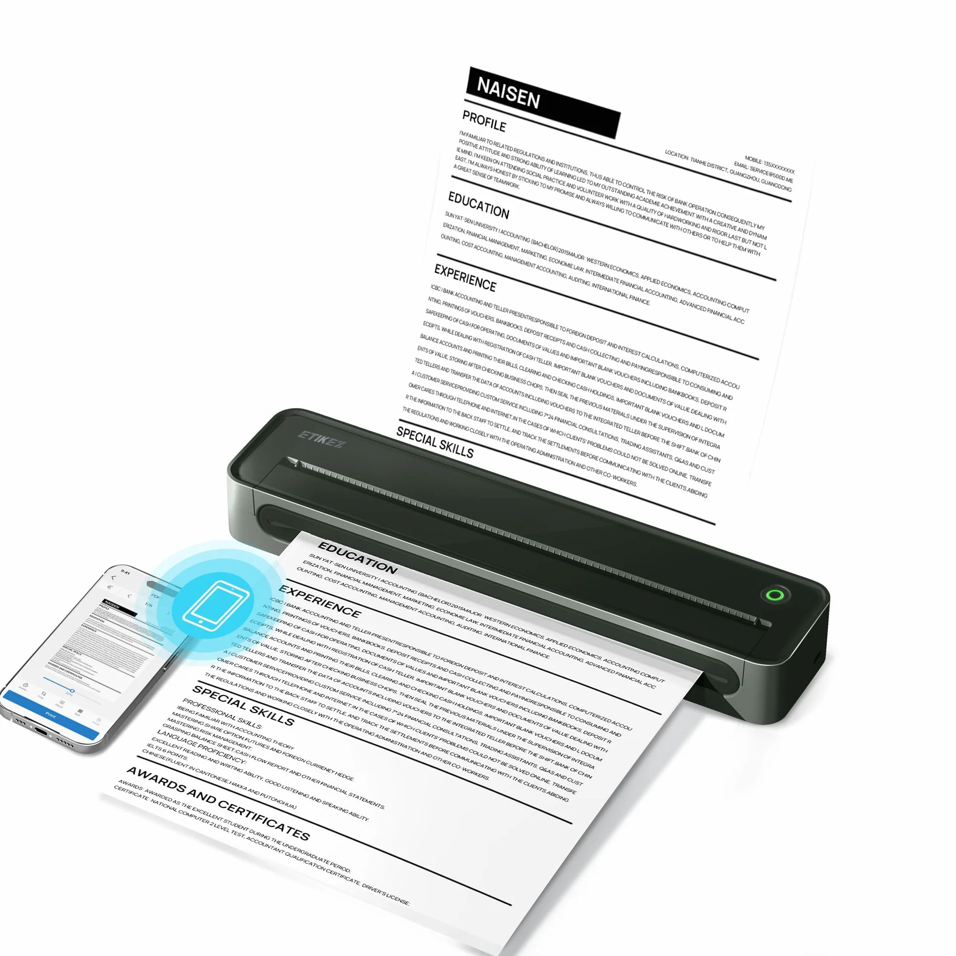 Imprimante Thermique A4 Portable sans Encre Bluetooth 203DPI 150mm/s Papier 216mm Compatible iOS Android PC Mac