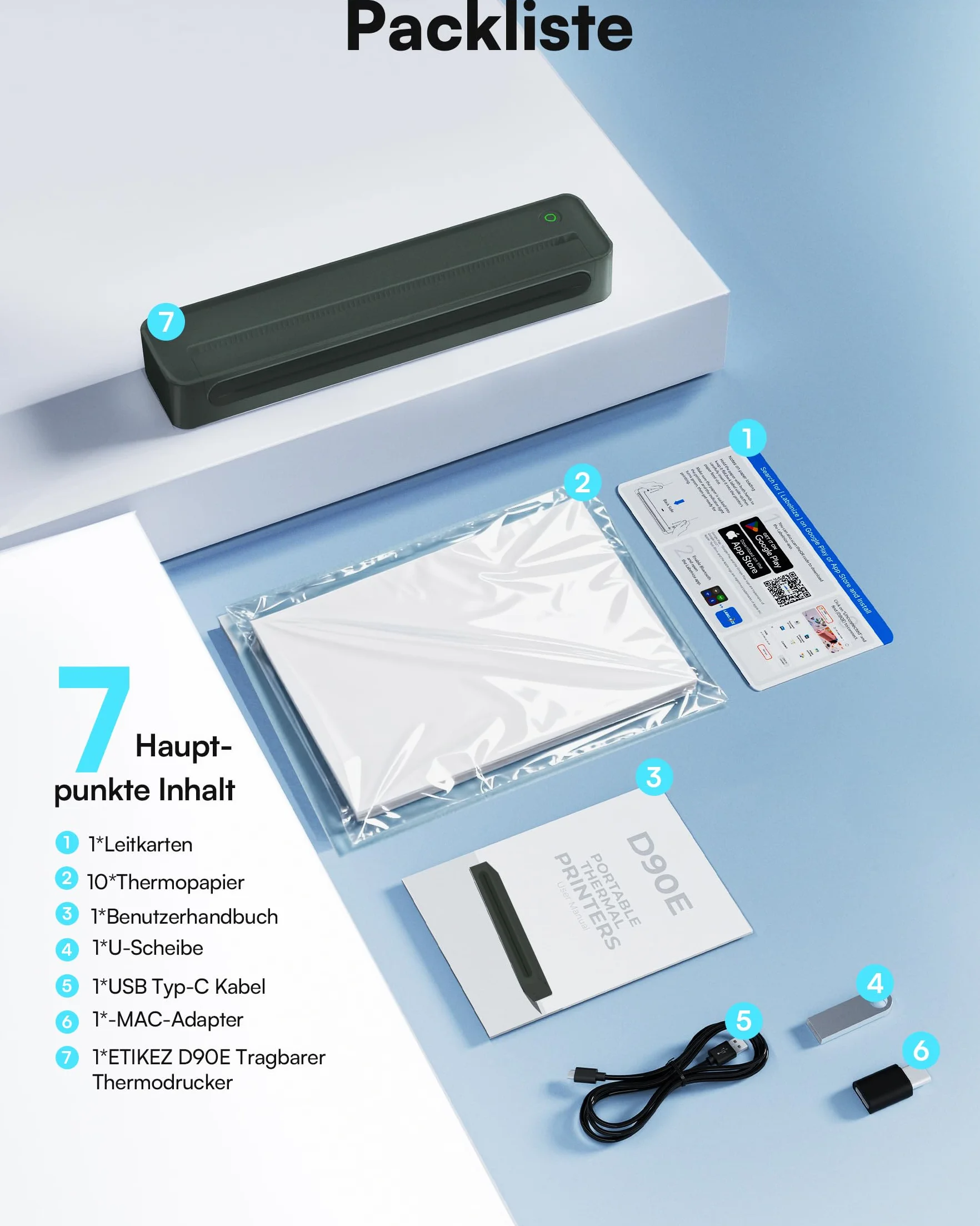 Imprimante Thermique A4 Portable sans Encre Bluetooth 203DPI 150mm/s Papier 216mm Compatible iOS Android PC Mac