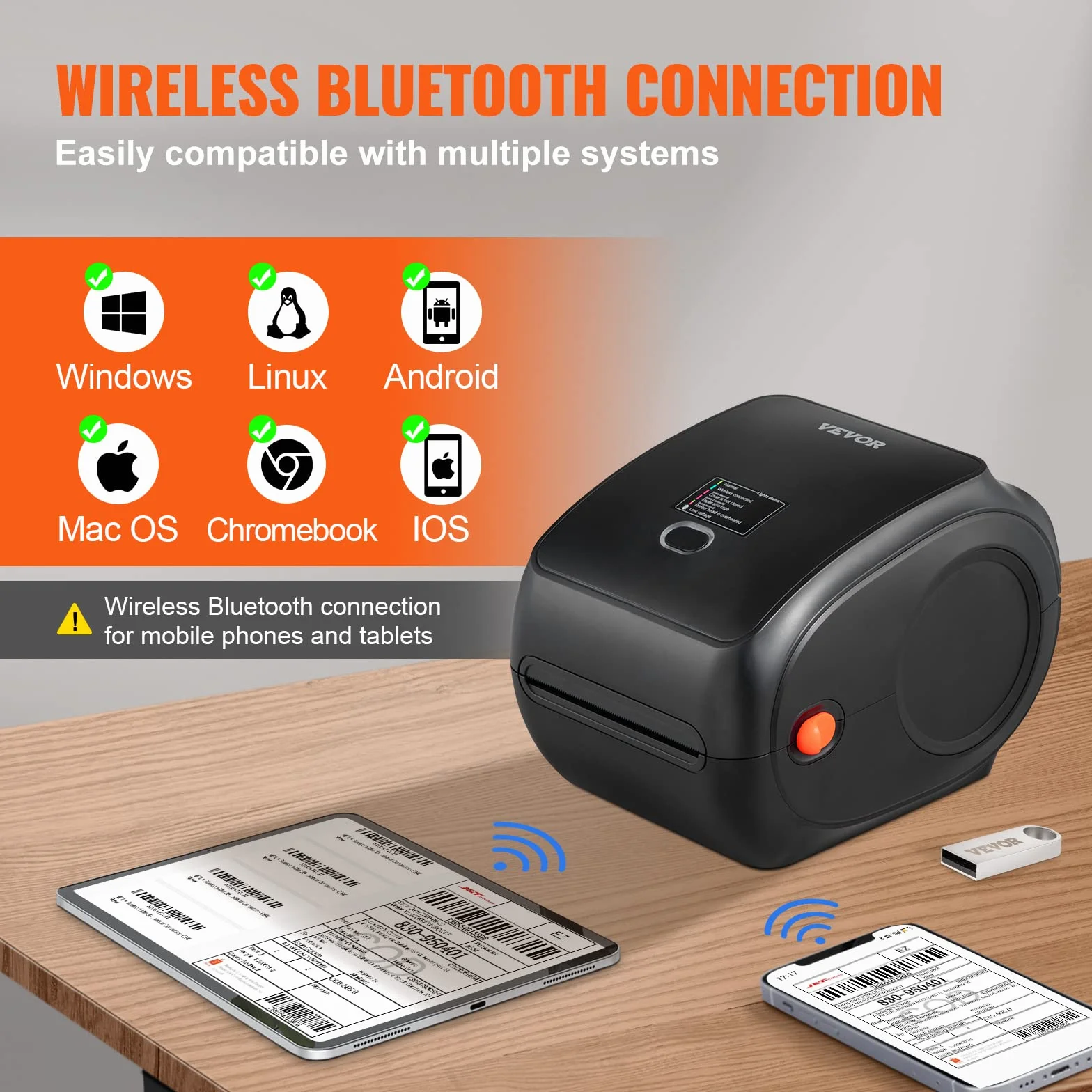VEVOR Imprimante Étiquettes Thermique Direct 4x6 Code Barre USB Bluetooth 150 mm/s 300 dpi pour Colis Expédition