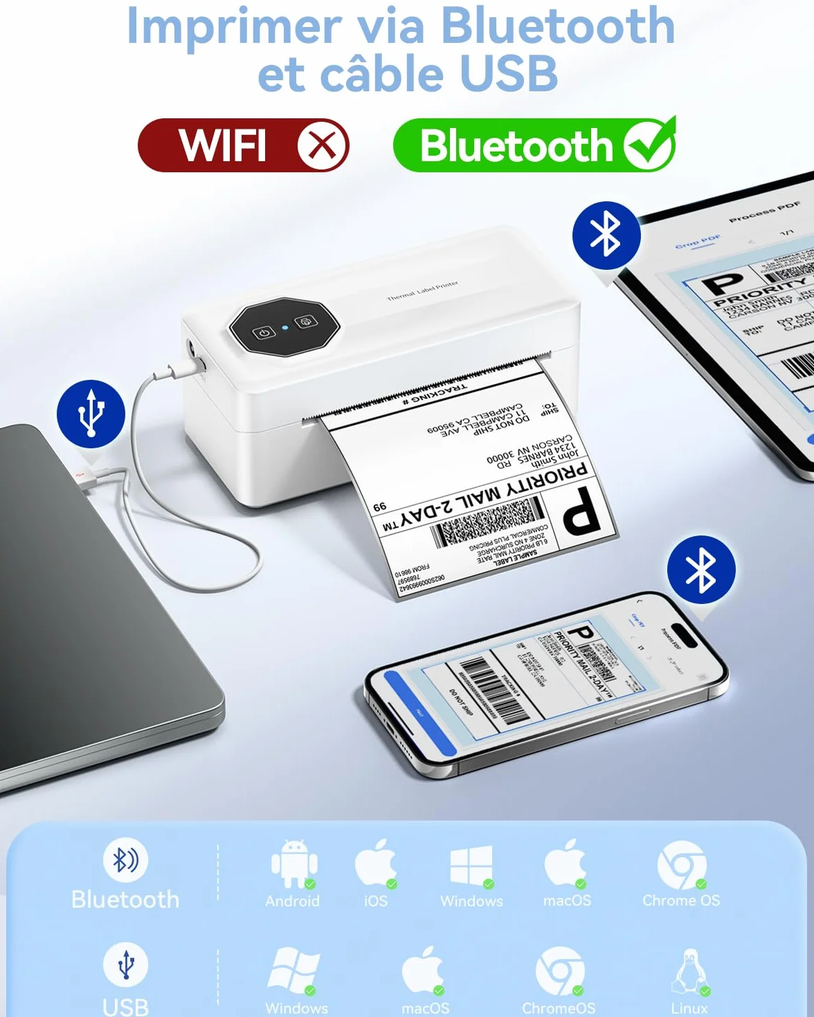 TATTMUSE Blanc Imprimante Thermique Bluetooth 4x6 Étiquette Expédition Compatible Vinted Cdiscount DHL