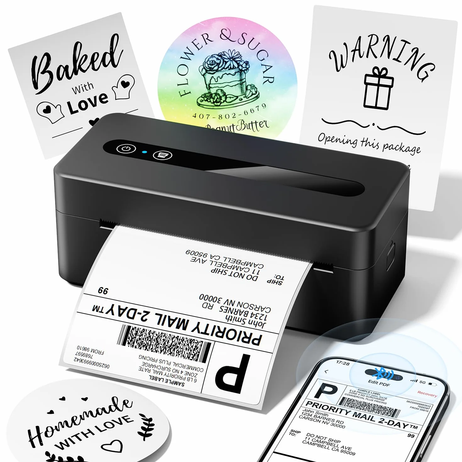 TATTMUSE Imprimante d'étiquettes d'expédition 4x6 Bluetooth USB Thermique Compatible Vinted Amazon Cdiscount