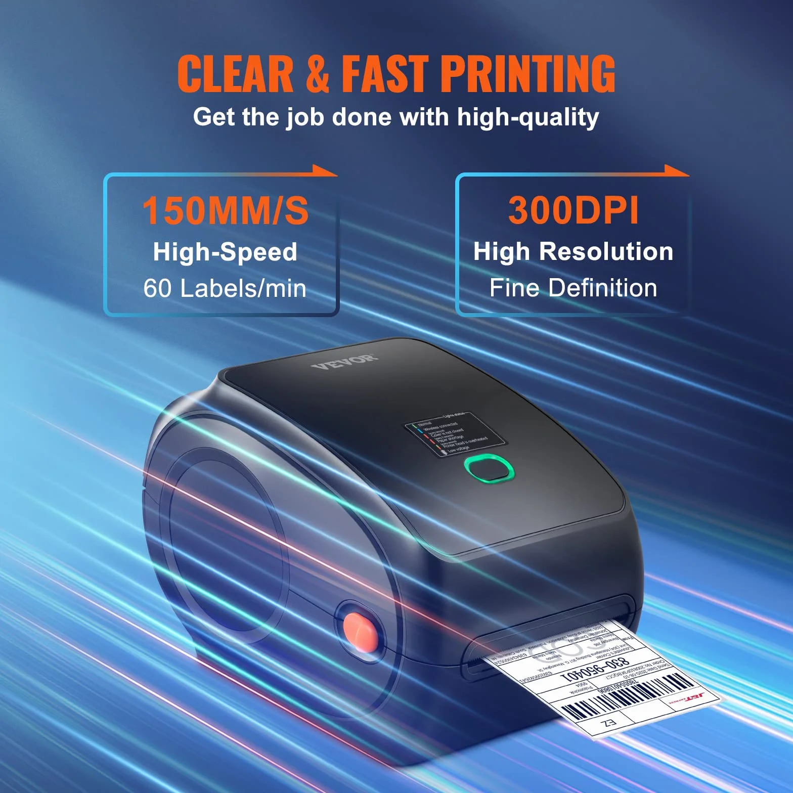 VEVOR Imprimante Étiquettes Thermique Direct 4x6 Code Barre USB Bluetooth 150 mm/s 300 dpi pour Colis Expédition