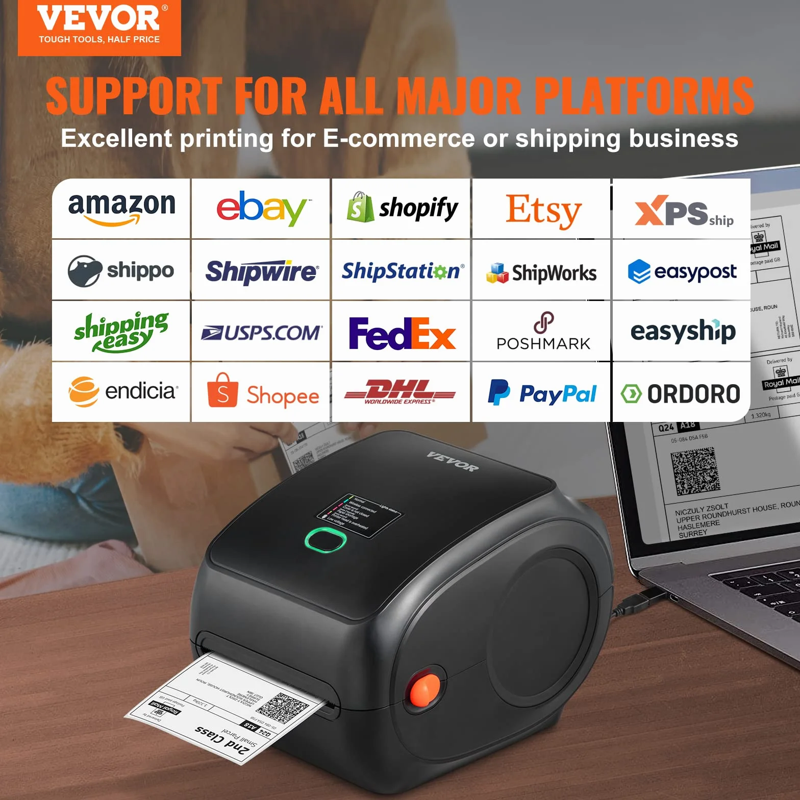 VEVOR Imprimante Étiquettes Thermique Direct 4x6 Code Barre USB Bluetooth 150 mm/s 300 dpi pour Colis Expédition