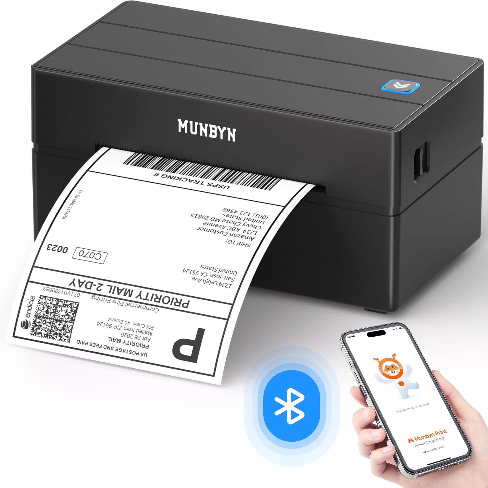 MUNBYN Imprimante Étiquettes Expédition Bluetooth, Thermique sans Fil 4x6, Compatible iPhone Android Mac Windows, Noir