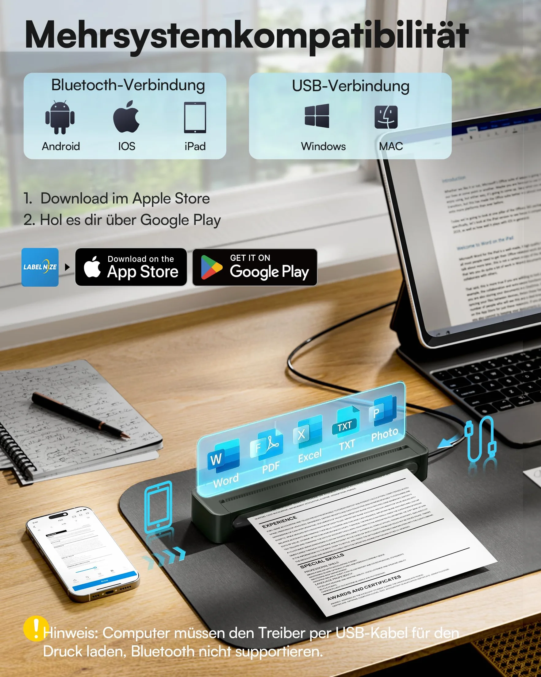 Imprimante Thermique A4 Portable sans Encre Bluetooth 203DPI 150mm/s Papier 216mm Compatible iOS Android PC Mac