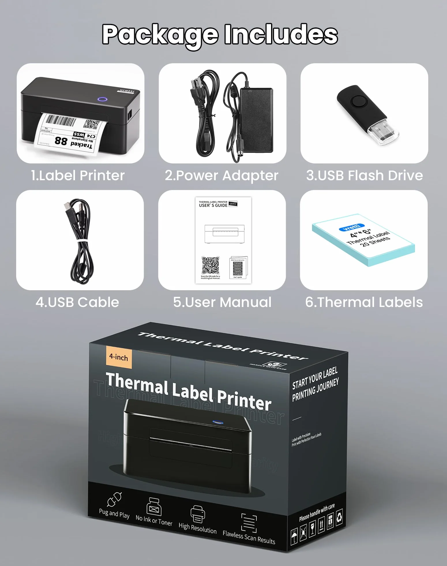 vretti DB402 Imprimante d'étiquettes USB Thermique 4x6, 152mm/s, Compatible Amazon Shopify DHL FedEx UPS
