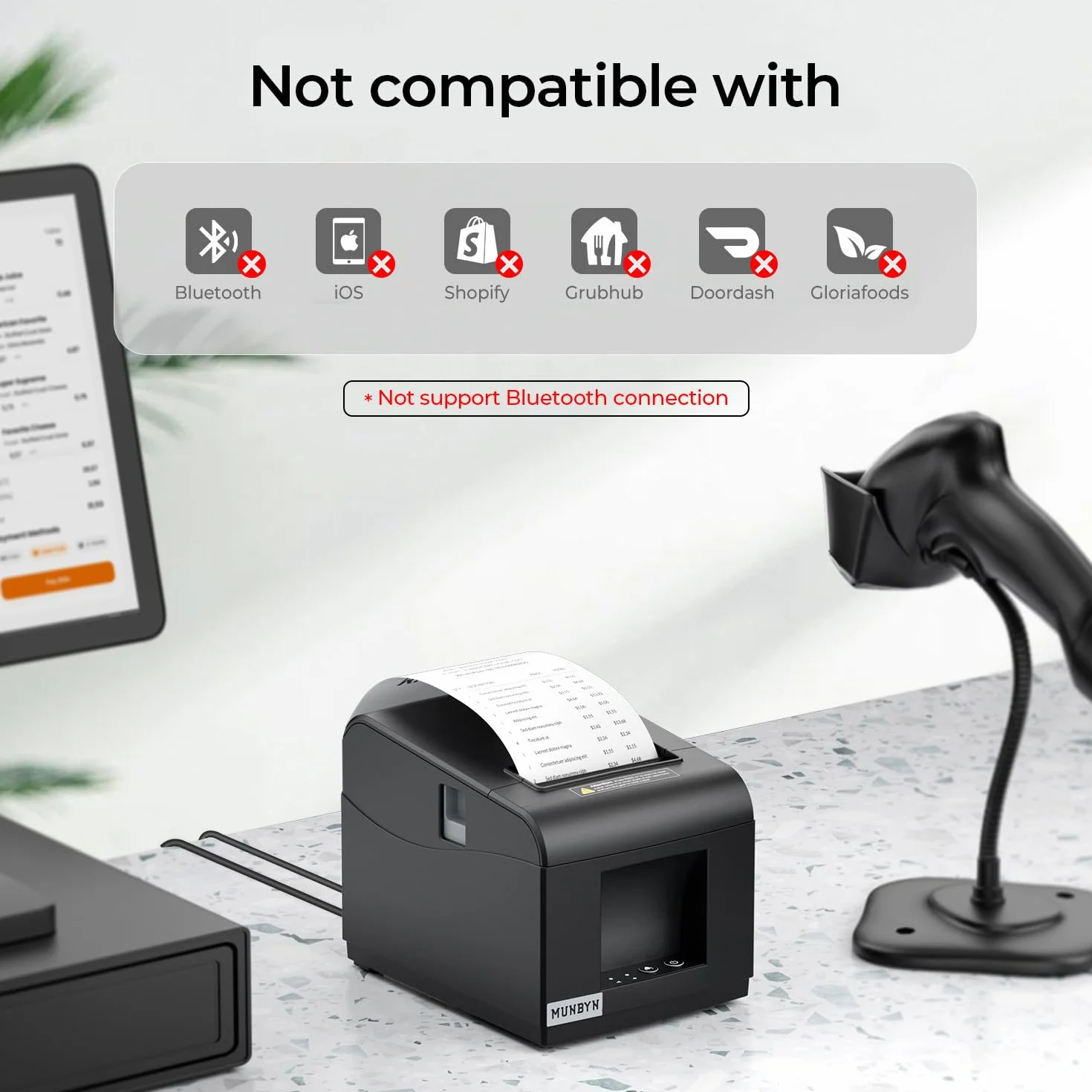MUNBYN Imprimante Thermique USB 80mm, Imprimante Ticket de Caisse Ethernet, POS Cuisine avec Coupe Automatique, Noir