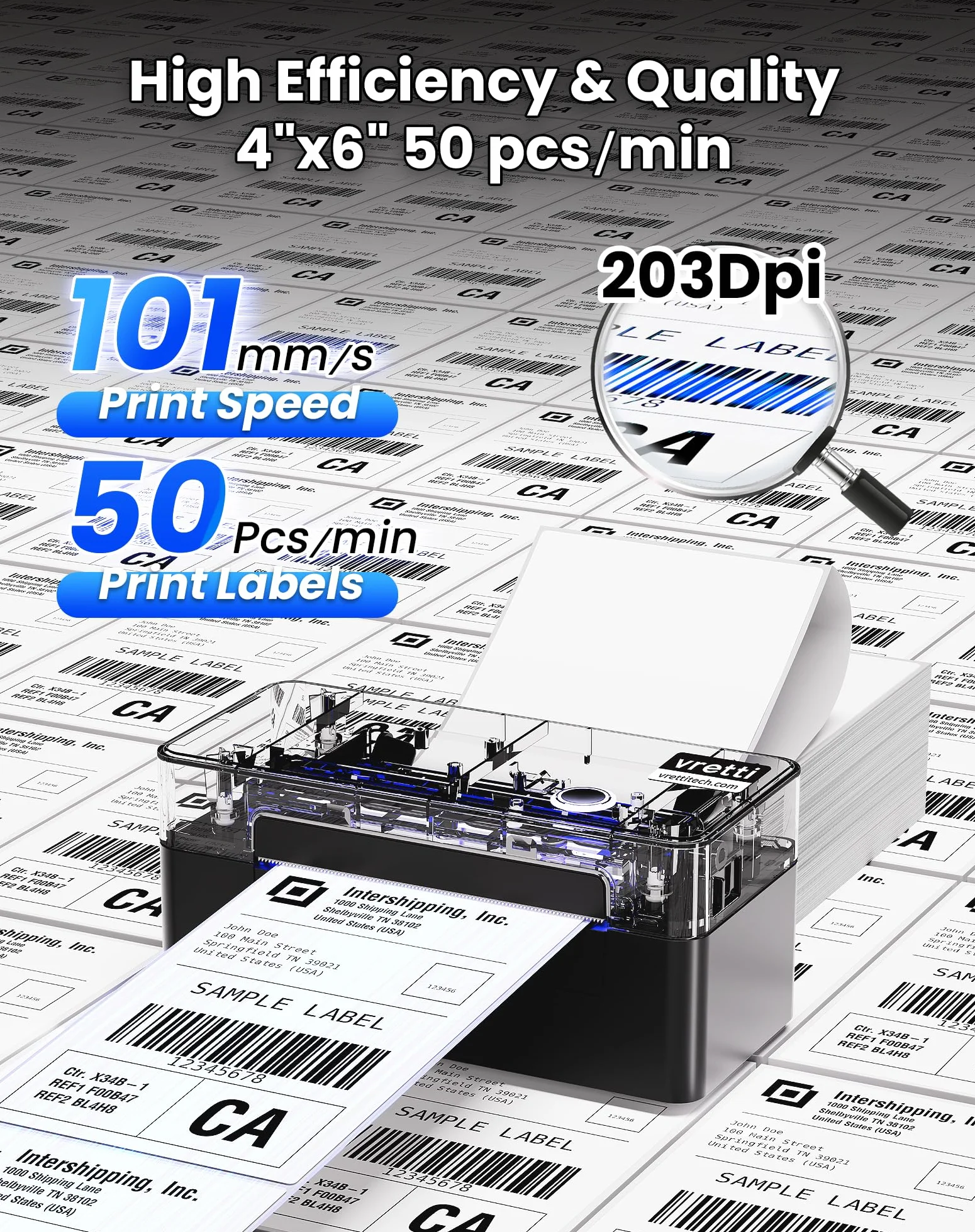vretti DB402 Imprimante d'étiquettes USB Thermique 4x6, 152mm/s, Compatible Amazon Shopify DHL FedEx UPS