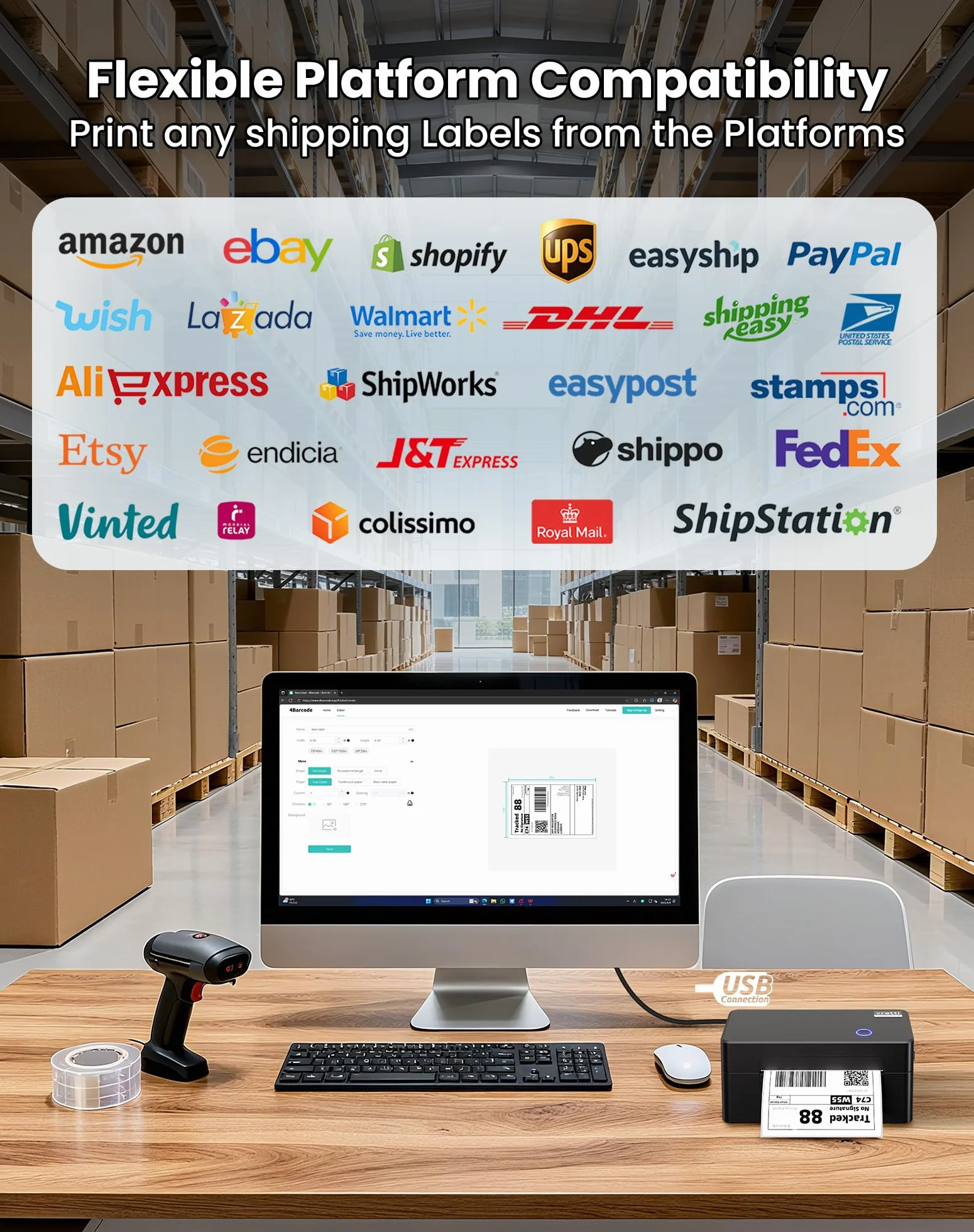 vretti DB402 Imprimante d'étiquettes USB Thermique 4x6, 152mm/s, Compatible Amazon Shopify DHL FedEx UPS