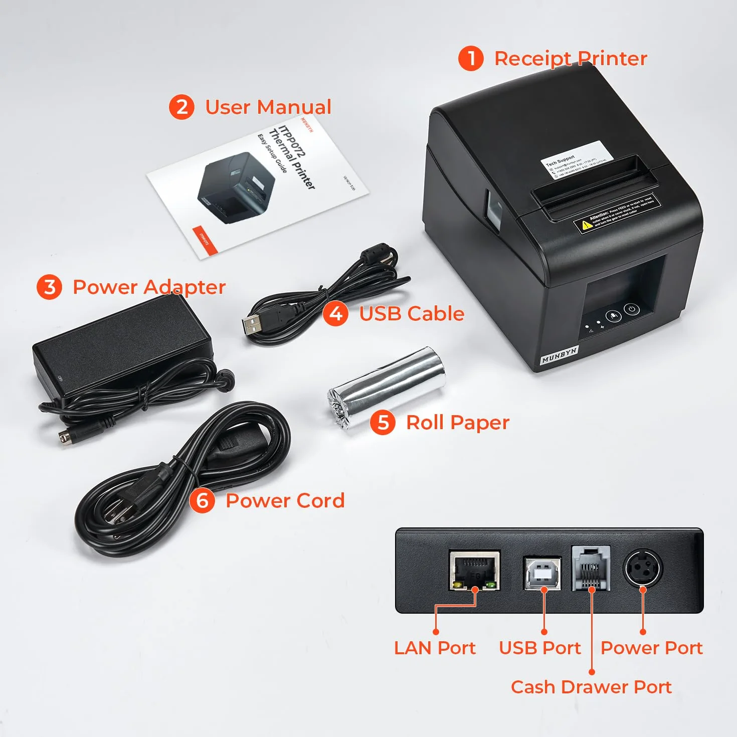 MUNBYN Imprimante Thermique USB 80mm, Imprimante Ticket de Caisse Ethernet, POS Cuisine avec Coupe Automatique, Noir