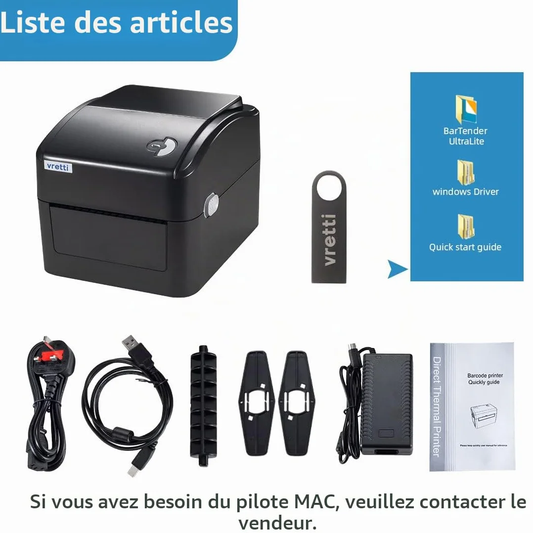 vretti Imprimante d'étiquettes Thermique 4x6, Code à Barres USB Haute Vitesse 152mm/s