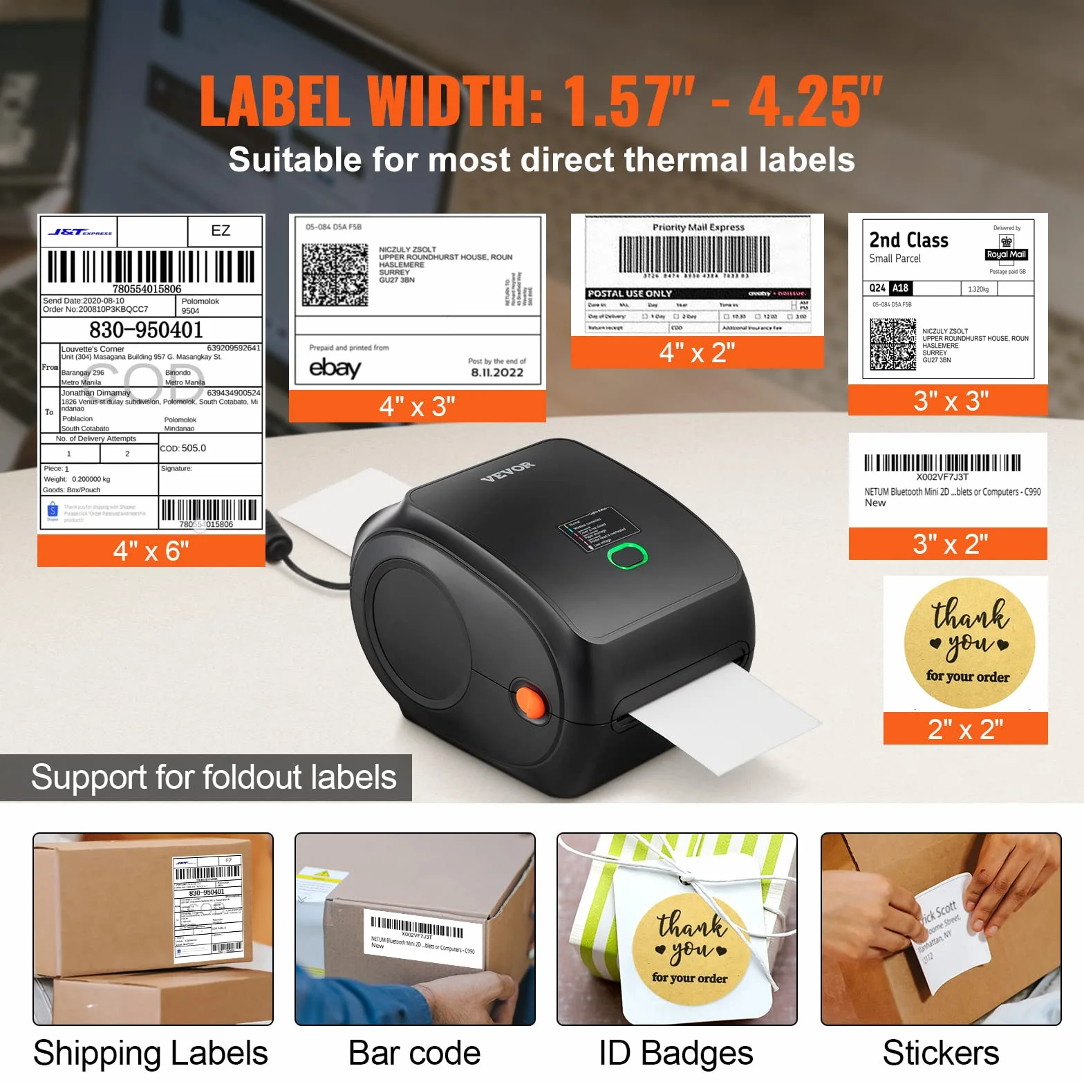VEVOR Imprimante Étiquettes Thermique Direct 4x6 Code Barre USB Bluetooth 150 mm/s 300 dpi pour Colis Expédition