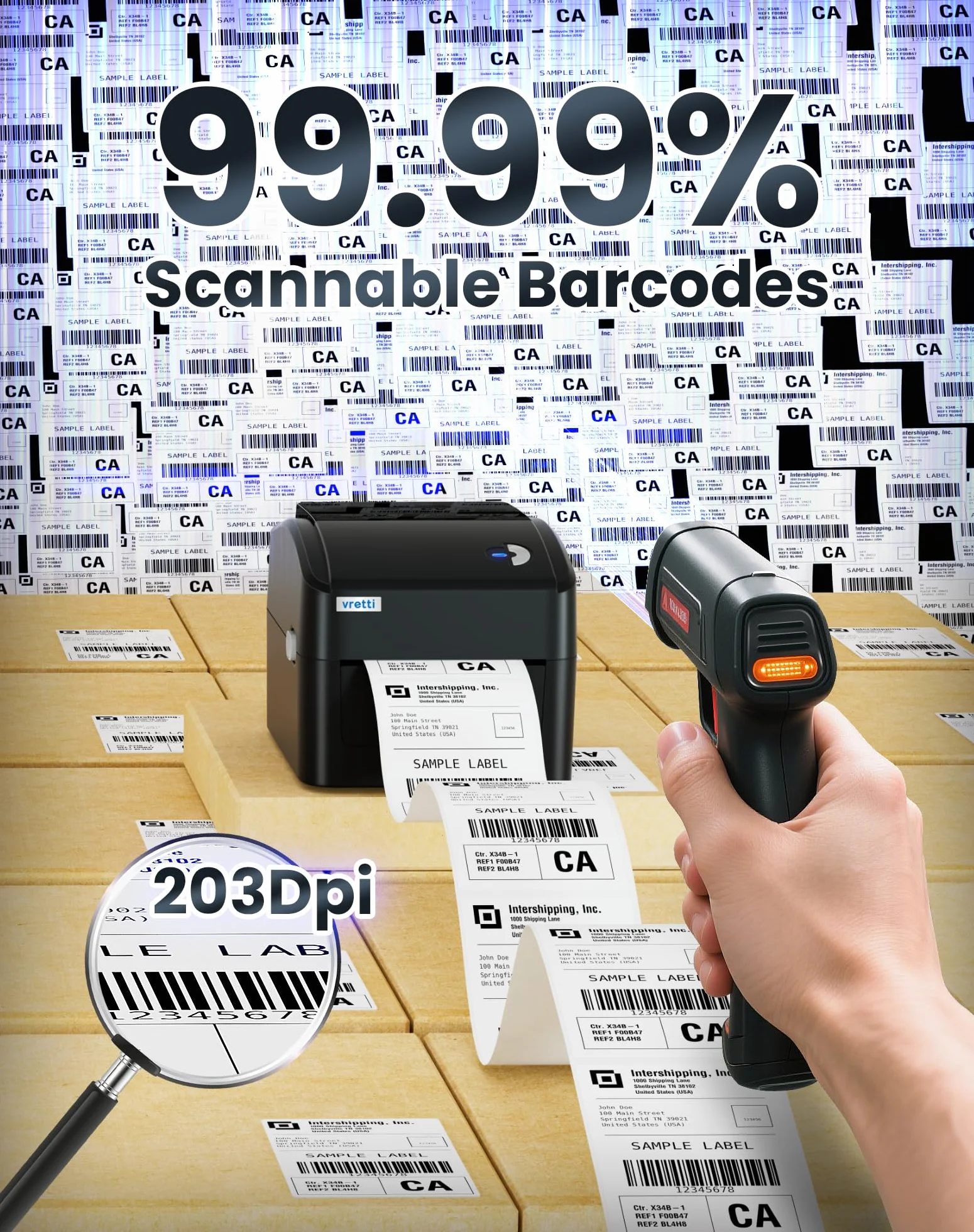 vretti Imprimante d'étiquettes Thermique 4x6, Code à Barres USB Haute Vitesse 152mm/s