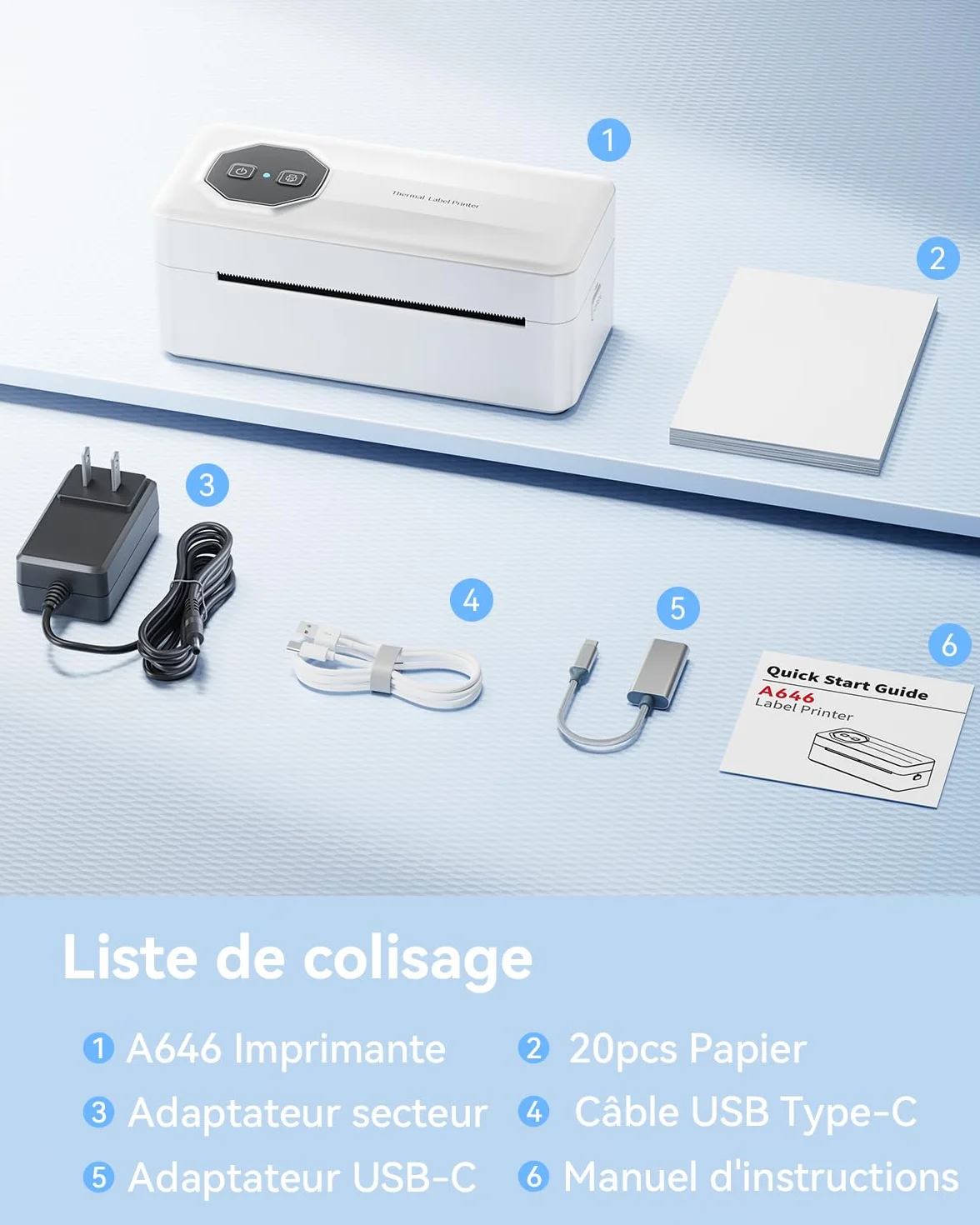 TATTMUSE Blanc Imprimante Thermique Bluetooth 4x6 Étiquette Expédition Compatible Vinted Cdiscount DHL